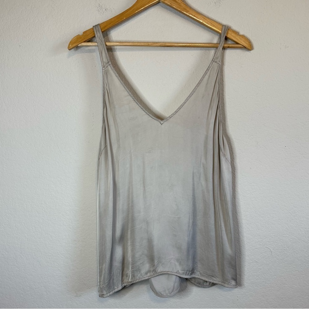 Raquel Allegra Gray Satin V Neck Tie Back Sleeveless Cami Tank Size Large